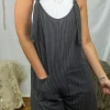 Clearance Dear-Lover Striped Print Knotted Straps Pocketed Romper Dark Grey