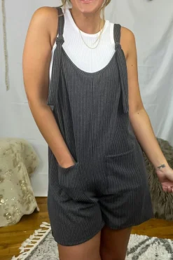 Clearance Dear-Lover Striped Print Knotted Straps Pocketed Romper Dark Grey