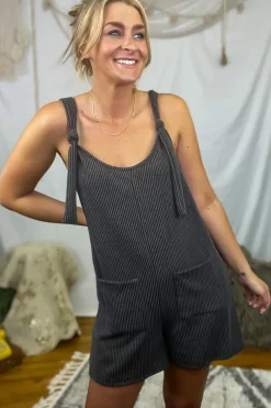 Clearance Dear-Lover Striped Print Knotted Straps Pocketed Romper Dark Grey