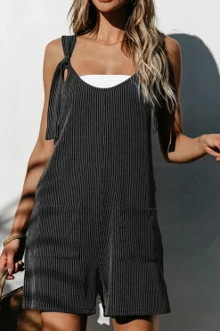 Clearance Dear-Lover Striped Print Knotted Straps Pocketed Romper Dark Grey