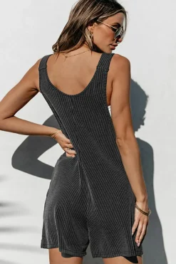 Clearance Dear-Lover Striped Print Knotted Straps Pocketed Romper Dark Grey