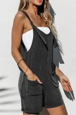 Clearance Dear-Lover Striped Print Knotted Straps Pocketed Romper Dark Grey