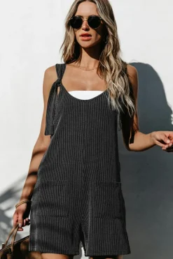 Clearance Dear-Lover Striped Print Knotted Straps Pocketed Romper Dark Grey