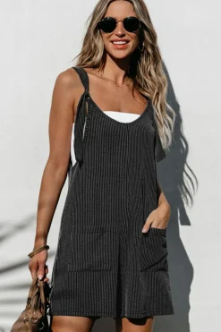 Clearance Dear-Lover Striped Print Knotted Straps Pocketed Romper Dark Grey