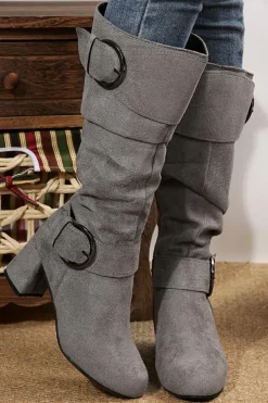 Outlet Dear-Lover Suede Double Buckled Side Zipped Mid-calf Boots Dark Grey