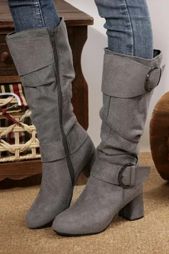 Outlet Dear-Lover Suede Double Buckled Side Zipped Mid-calf Boots Dark Grey