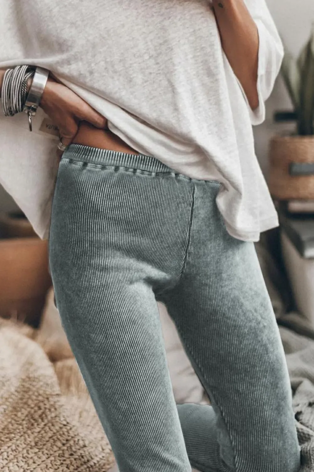 Discount Dear-Lover Vintage Wash Ribbed Leggings Dark Grey