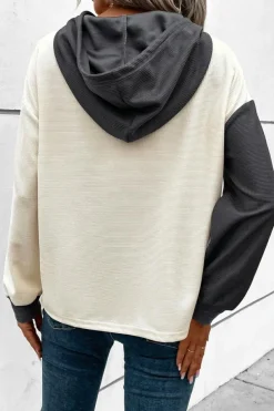 Online Dear-Lover Waffle Colorblock Buttons Placket Drop Shoulder Drawstring Hoodie Dark Grey