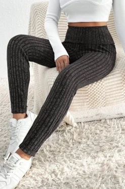 Fashion Dear-Lover Wide Waistband Ribbed Textured Knit Leggings Dark Grey