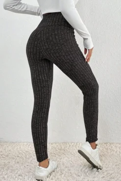 Fashion Dear-Lover Wide Waistband Ribbed Textured Knit Leggings Dark Grey