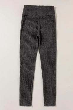 Fashion Dear-Lover Wide Waistband Ribbed Textured Knit Leggings Dark Grey