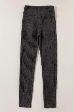 Fashion Dear-Lover Wide Waistband Ribbed Textured Knit Leggings Dark Grey
