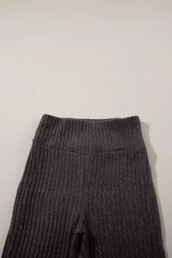 Fashion Dear-Lover Wide Waistband Ribbed Textured Knit Leggings Dark Grey