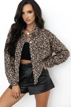 Discount Dear-Lover Leopard Print Corduroy Irregular Hem Buttoned Jacket Dark Khaki