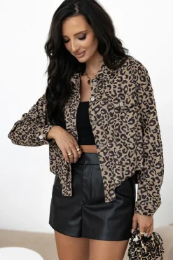 Discount Dear-Lover Leopard Print Corduroy Irregular Hem Buttoned Jacket Dark Khaki