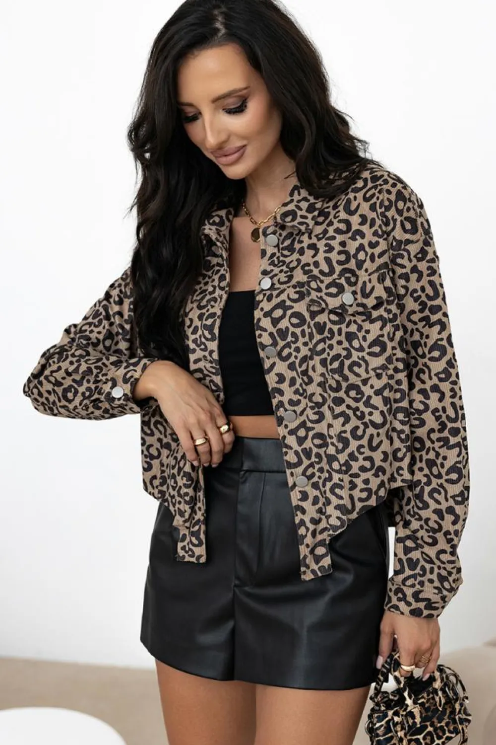 Discount Dear-Lover Leopard Print Corduroy Irregular Hem Buttoned Jacket Dark Khaki