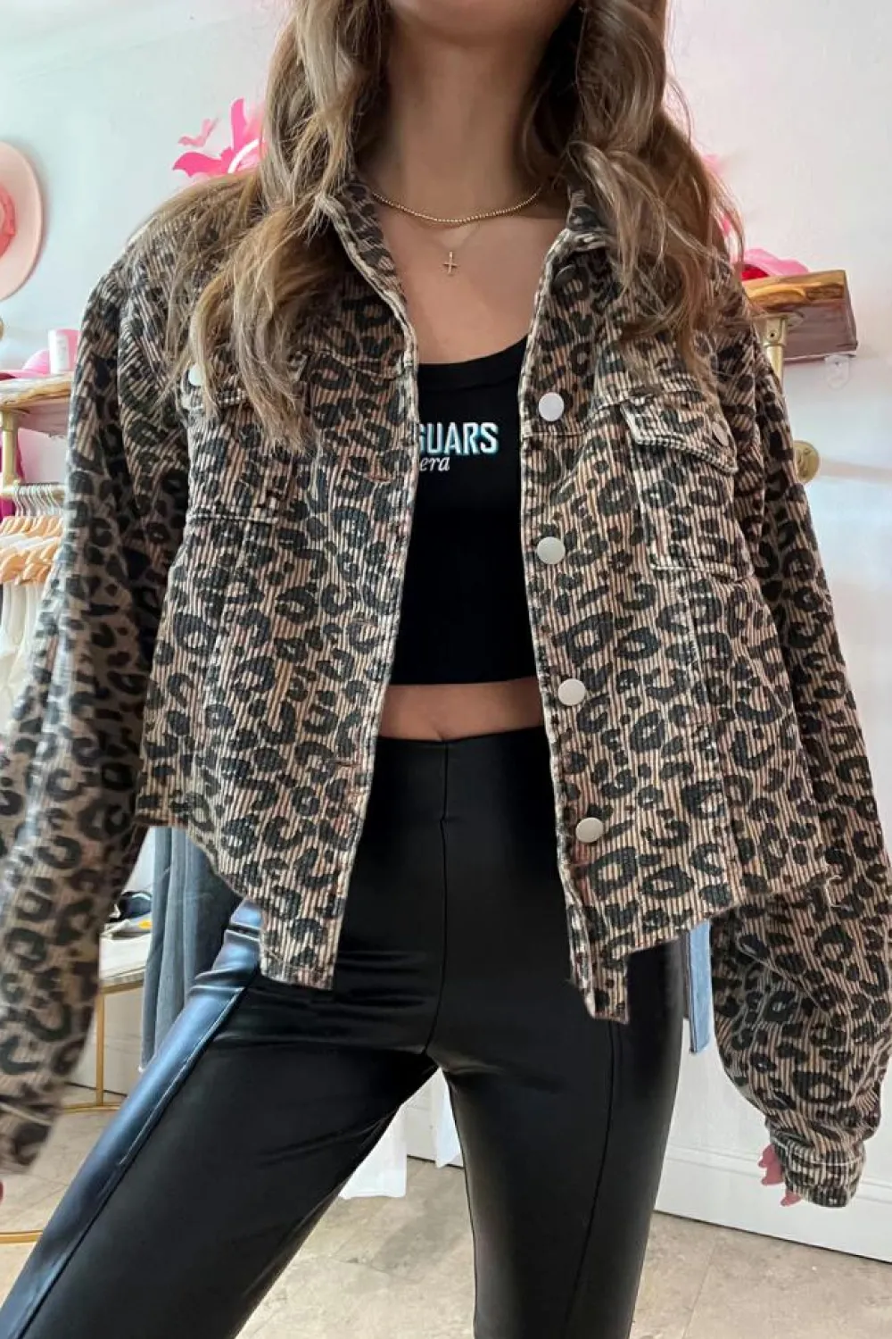 Discount Dear-Lover Leopard Print Corduroy Irregular Hem Buttoned Jacket Dark Khaki