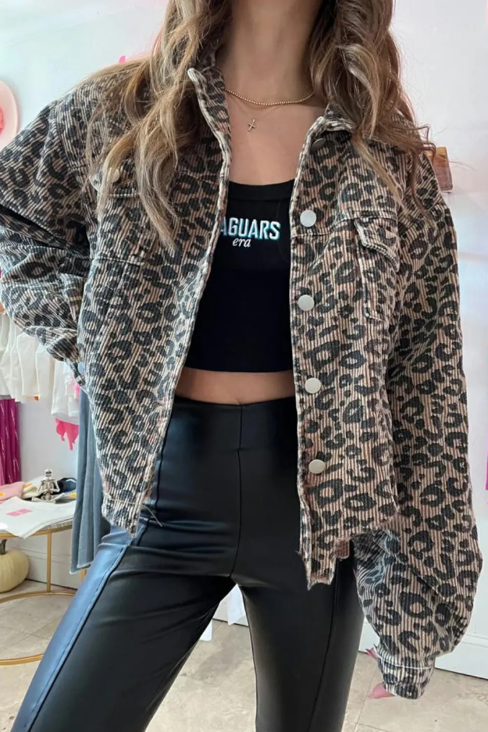 Discount Dear-Lover Leopard Print Corduroy Irregular Hem Buttoned Jacket Dark Khaki