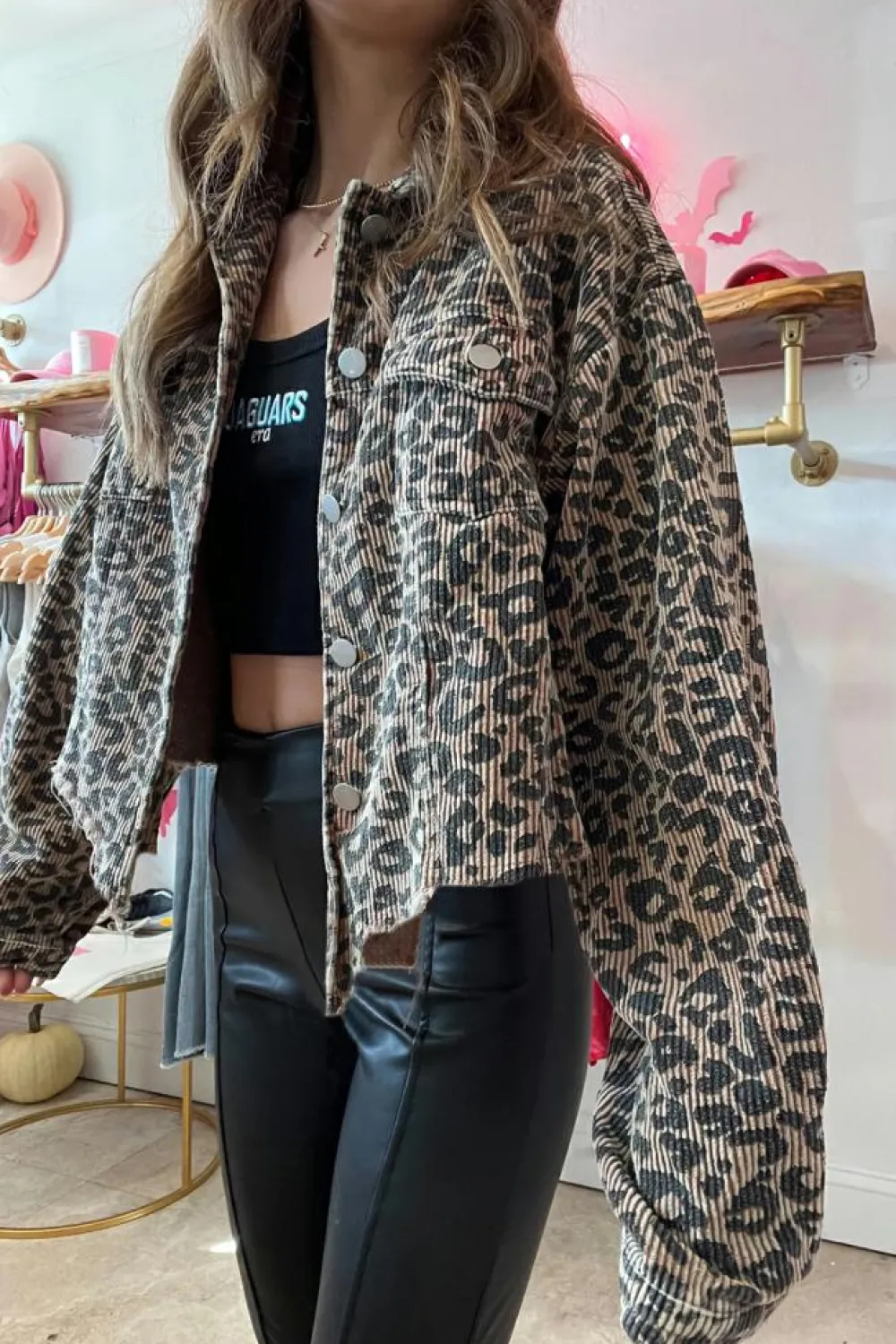 Discount Dear-Lover Leopard Print Corduroy Irregular Hem Buttoned Jacket Dark Khaki