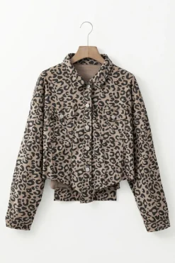 Discount Dear-Lover Leopard Print Corduroy Irregular Hem Buttoned Jacket Dark Khaki
