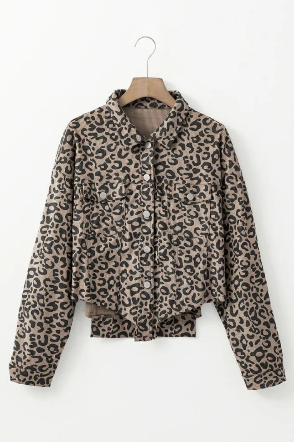 Discount Dear-Lover Leopard Print Corduroy Irregular Hem Buttoned Jacket Dark Khaki