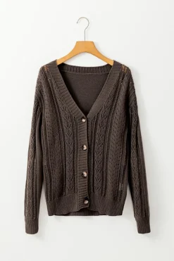 Discount Dear-Lover Open Knit Drop Shoulder Sweater Cardigan Dark Khaki