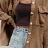 New Dear-Lover Solid Color Corduroy Buttoned Long Sleeve Shacket Dark Khaki