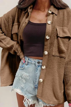 New Dear-Lover Solid Color Corduroy Buttoned Long Sleeve Shacket Dark Khaki