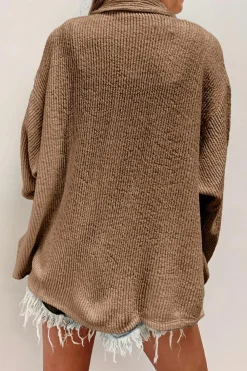 New Dear-Lover Solid Color Corduroy Buttoned Long Sleeve Shacket Dark Khaki