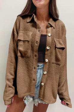 New Dear-Lover Solid Color Corduroy Buttoned Long Sleeve Shacket Dark Khaki