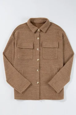 New Dear-Lover Solid Color Corduroy Buttoned Long Sleeve Shacket Dark Khaki