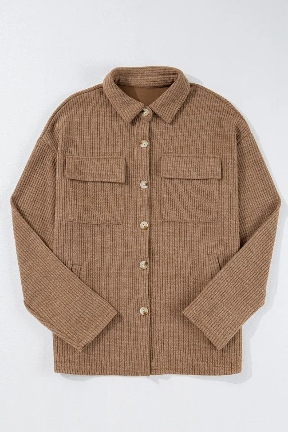 New Dear-Lover Solid Color Corduroy Buttoned Long Sleeve Shacket Dark Khaki
