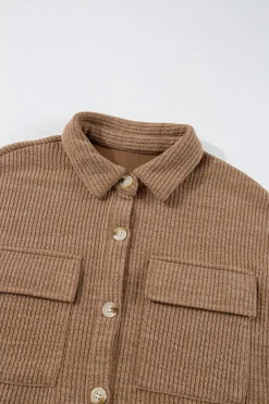 New Dear-Lover Solid Color Corduroy Buttoned Long Sleeve Shacket Dark Khaki