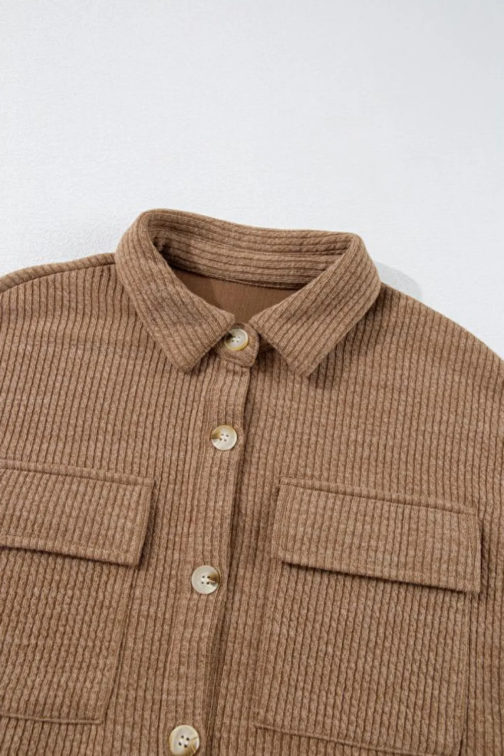 New Dear-Lover Solid Color Corduroy Buttoned Long Sleeve Shacket Dark Khaki