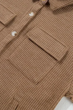 New Dear-Lover Solid Color Corduroy Buttoned Long Sleeve Shacket Dark Khaki