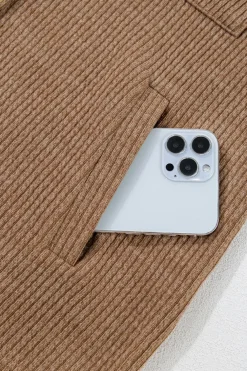 New Dear-Lover Solid Color Corduroy Buttoned Long Sleeve Shacket Dark Khaki