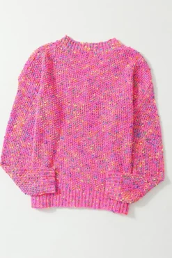 Fashion Dear-Lover Dark Pink Colorful Spots Knitted V Neck Casual Sweater Bright Pink
