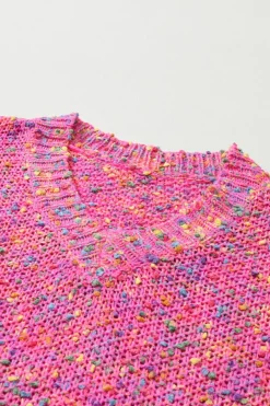 Fashion Dear-Lover Dark Pink Colorful Spots Knitted V Neck Casual Sweater Bright Pink