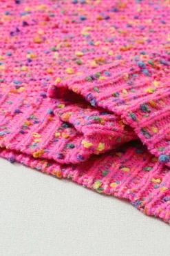 Fashion Dear-Lover Dark Pink Colorful Spots Knitted V Neck Casual Sweater Bright Pink