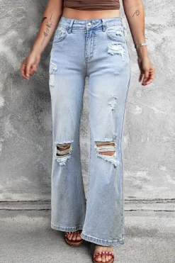 Sale Dear-Lover Vintage Light Wash Distressed Flare Jeans Beau Blue