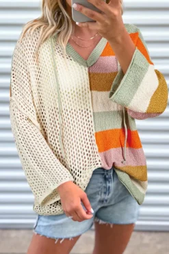 Sale Dear-Lover Oversized Colorblock V Neck Hooded Sweater Beige