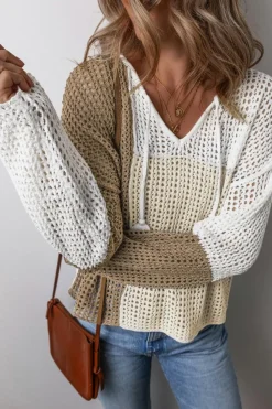 Online Dear-Lover Colorblock Hollow-out Front Tie V Neck Lightweight Sweater Brown