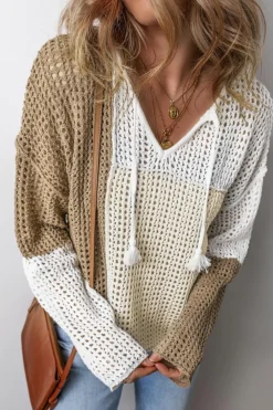 Online Dear-Lover Colorblock Hollow-out Front Tie V Neck Lightweight Sweater Brown