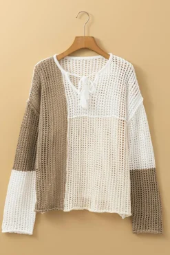 Online Dear-Lover Colorblock Hollow-out Front Tie V Neck Lightweight Sweater Brown