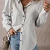 Sale Dear-Lover Stripe Roll-tab Sleeve Pocketed Long Shirt Black Stripe