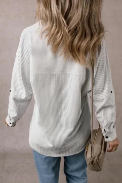 Sale Dear-Lover Stripe Roll-tab Sleeve Pocketed Long Shirt Black Stripe