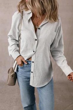 Sale Dear-Lover Stripe Roll-tab Sleeve Pocketed Long Shirt Black Stripe