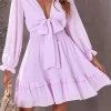 Best Dear-Lover Deep V Neck Lantern Sleeve Knotted Tiered Mini Dress Pink