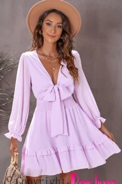 Best Dear-Lover Deep V Neck Lantern Sleeve Knotted Tiered Mini Dress Pink