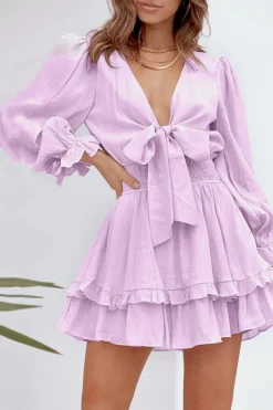 Best Dear-Lover Deep V Neck Lantern Sleeve Knotted Tiered Mini Dress Pink